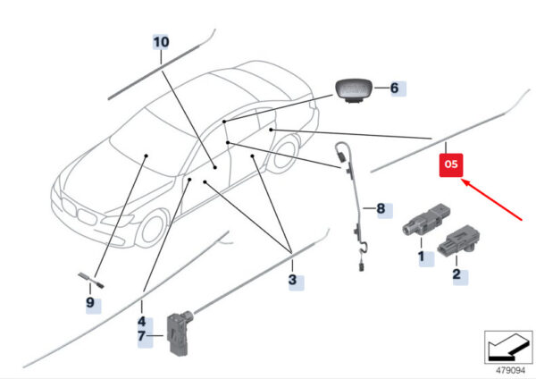 63319199791 - NEW BMW 5 F07 REAR TOP LEFT DOOR OPTICAL CONDUCTOR 63319199791