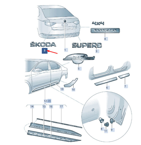 3V0853687J041 - NEW ŠKODA SUPERB MK3 REAR CENTRE INSCRIPTION 3V0853687J041 ORIGINAL