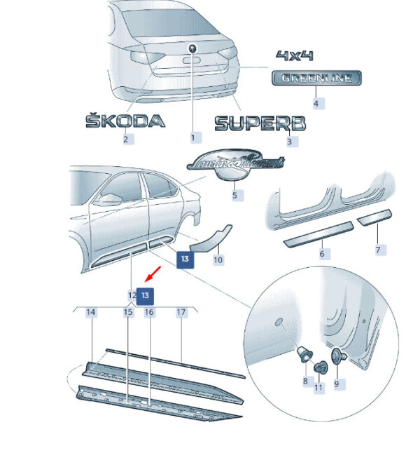 3V0854950EGRU - ŠKODA SUPERB MK3 door protection strip rear right 3V0854950EGRU NEW original