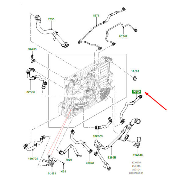 LR140899 - Land Rover Range Rover Velar L560 Cooling System Hose LR140899, Original Part