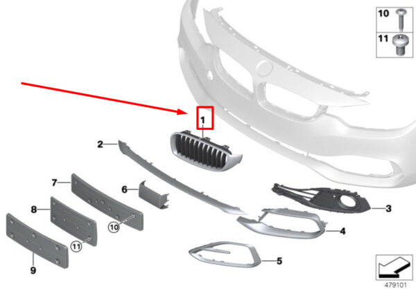 51139491772 - BMW 4 Gran Coupe F36 Front Bumper Right Grill 51139491772 9491772 ORIGINAL