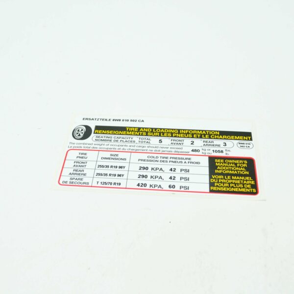 8W8010502CA - NEW AUDI A5 CABRIO 8W6 TYRE PRESSURE DATA PLATE 8W8010502CA ORIGINAL