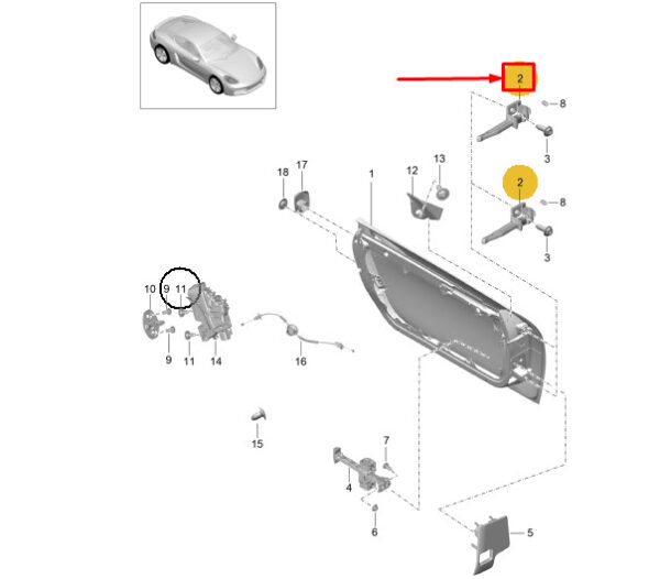 99153131900 - PORSCHE 718 CAYMAN 982 FRONT LEFT UPPER DOOR HINGE 99153131900 NEW GENUINE