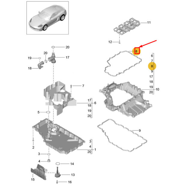 9A210731802 - Porsche 718 Cayman 982 Upper Engine Oil Pan Gasket 9A210731802 NEW GENUINE