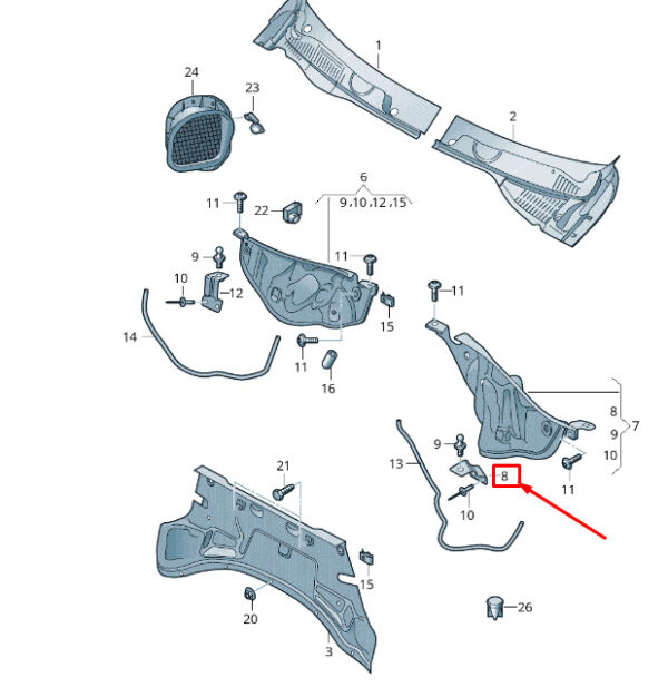 7P6806811A - NEW VW TOUAREG 7P MK2 WATER BOX LEFT REAR COVER RETAINER 7P6806811A