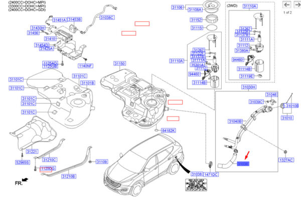 310362W050 - Hyundai Santa FE MK3 DM Fuel Fill Nozzle Hose 310362W050part