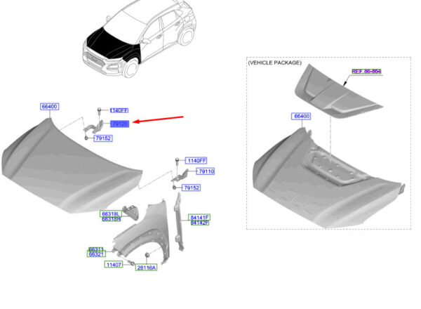 79120J9000 - Hyundai Kona MK1 bonnet hinge front right 79120J9000, original
