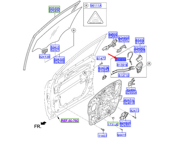 813812W000 - Hyundai Santa Fe MK3 DM Front Door Handle Cable 813812W000, Original Part