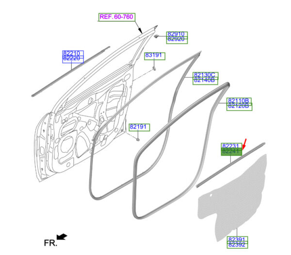 82241J9000 - Hyundai Kona MK1 door gasket inside front right 82241J9000 NEW ORIGINAL