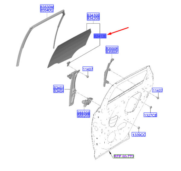 82412C7000 - Hyundai Tucson NX4 MK4 Rear Door Glass Holder 82412C7000, Original Part