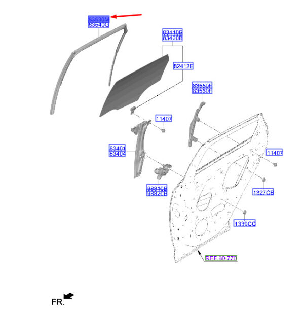 83530N7000 - Hyundai Tucson NX4 door window rear left, glass guide 83530N7000, original part