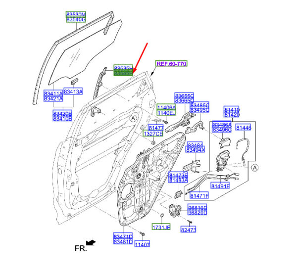 835452W000 - Hyundai Santa FE DM right rear Dr Delta lower running channel 835452W000 NEW