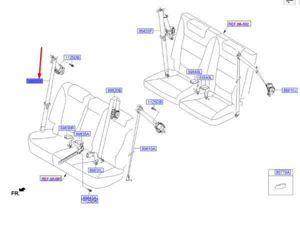 898202W000NBC - Hyundai Santa Fe MK3 DM 2. Right rear seat belt 898202W000NBC NEW