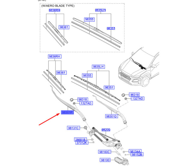 98321J9000 - Hyundai Kona MK1 wiper arm front right LHD 98321J9000 NEW ORIGINAL